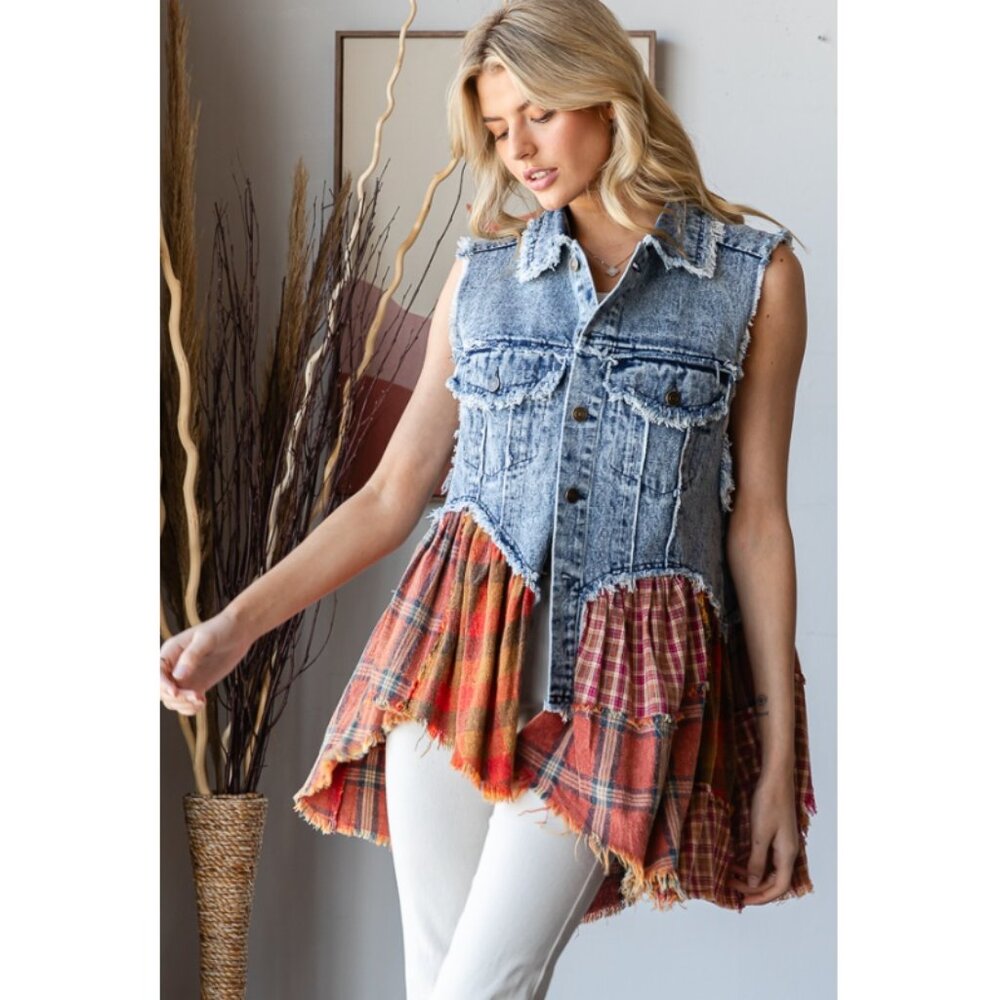 Oli & Hali Distressed Denim Vest with Red Plaid Flared Hem